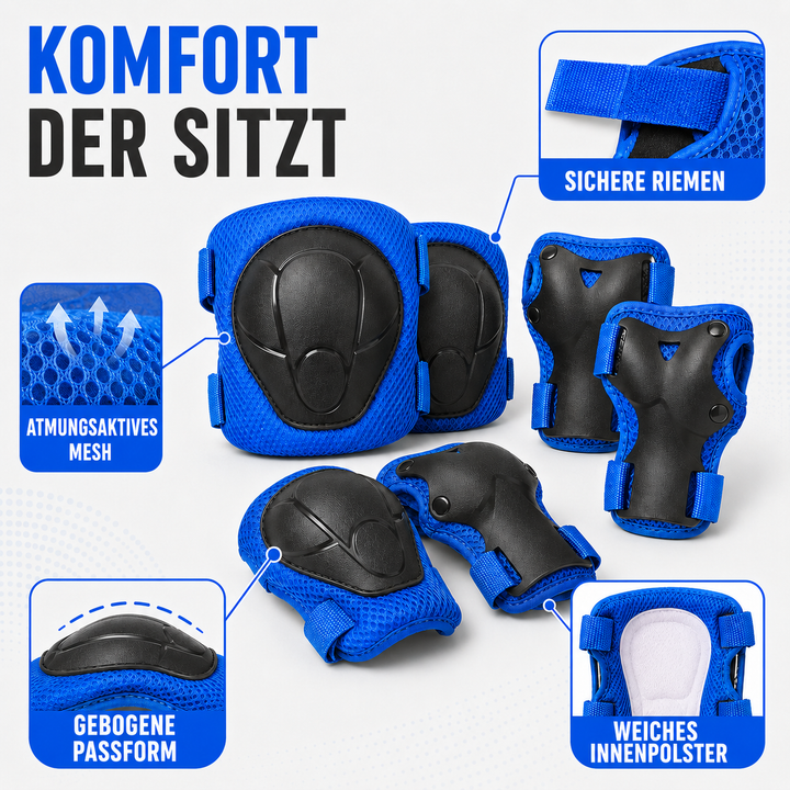 Geschenk Kinder: 6-teiliges Protektoren Set für Knie, Ellbogen & Handgelenke. Skaten, Fahrradfahren, Rollschuhlaufen.
