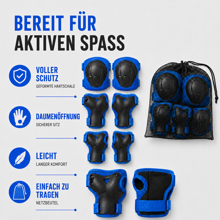 Robustes Kinder Sicherheitsset 6-tlg. mit Knieschützern, Ellbogenschützern & Handgelenkschützern für aktiven Schutz.