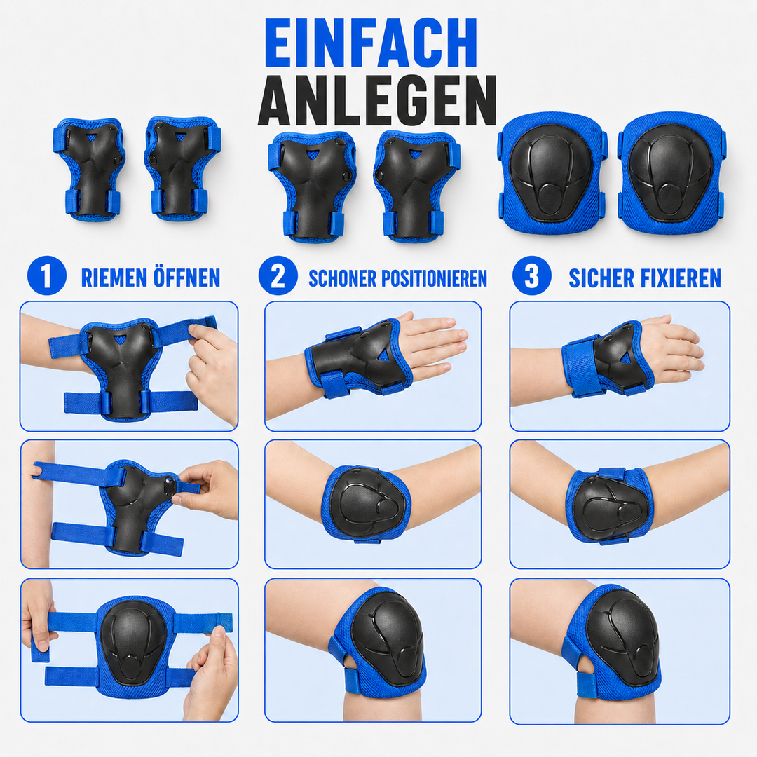 Protektoren Set für Kinder, bestehend aus Knieschützern, Ellbogenschützern & Handgelenkschützern. Hohe Sicherheit.