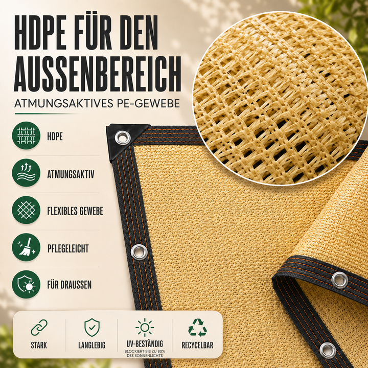 Gefaltetes beiges Sonnenschutztuch mit verstärkten Ecken und Metallösen.