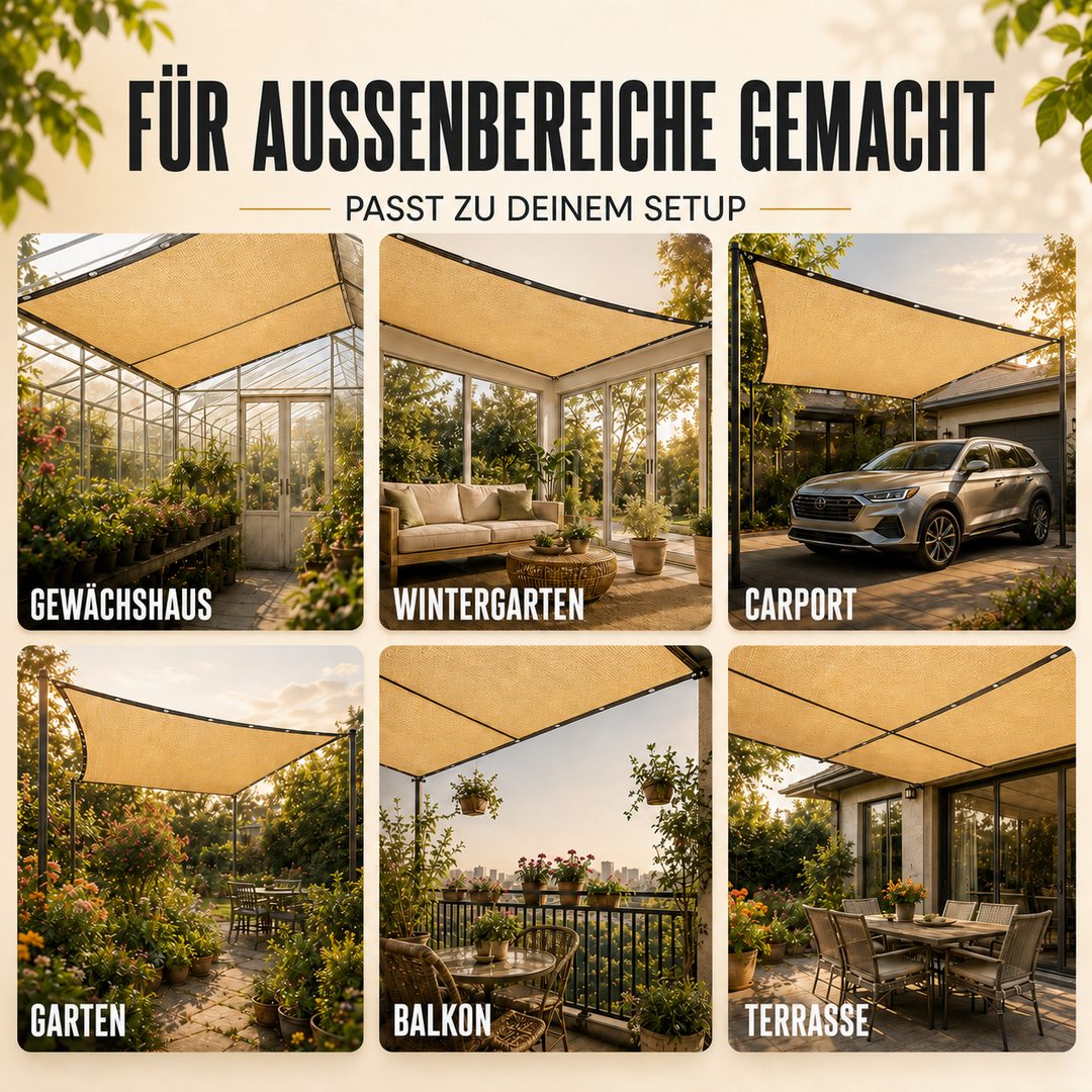 Beiges Netzgewebe, das 80% Sonnenschutz bietet und die Luft zirkulieren lässt.