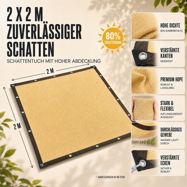 Detailansicht eines beigen Sonnensegels, das vor direkter Sonneneinstrahlung schützt.