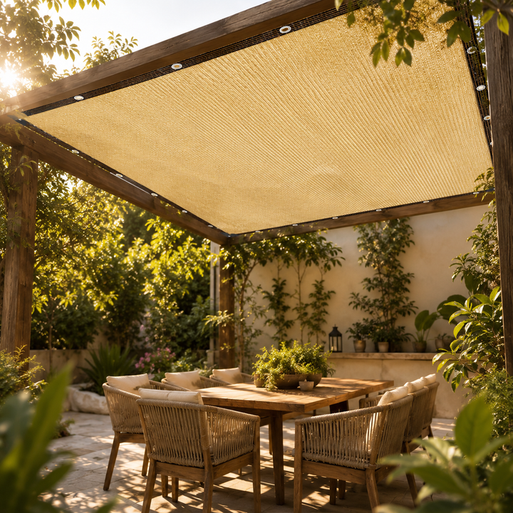 Beiges Sonnenschutztuch unter einer Holzpergola, schafft Schatten auf einer Terrasse.
