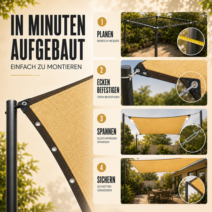 Einfach zu installierendes Sonnensegel mit Ösen für eine sichere Befestigung.