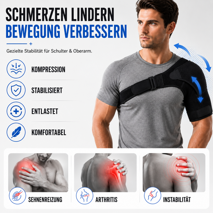 Schwarze Schulterbandage mit Kompression, ideal für Sport & Rehabilitation der Schulter.
