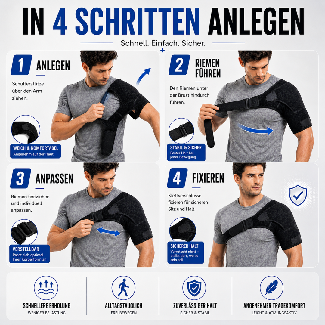 Hochwertige verstellbare Kompressions-Schulterstütze für aktive Stabilisierung der Schulter.