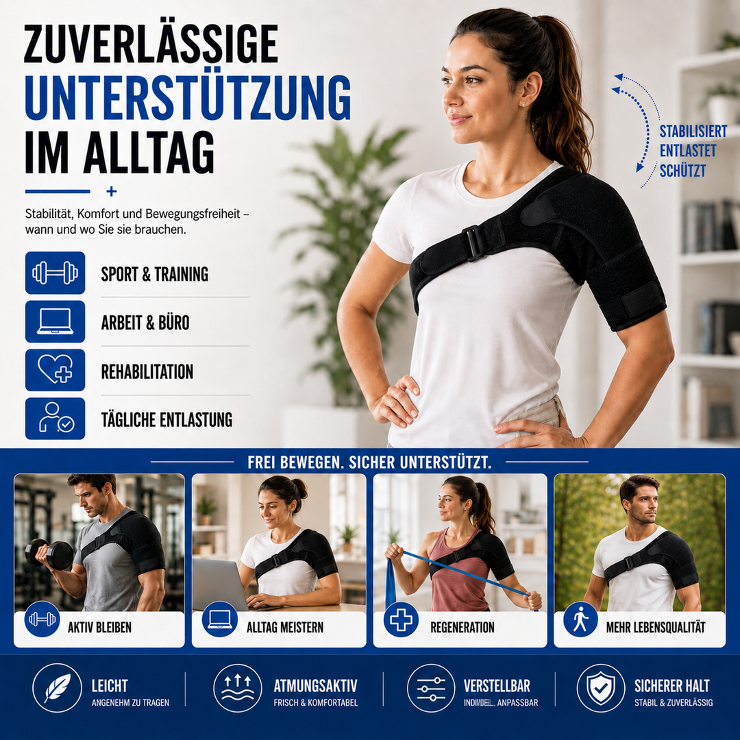 Stabilisierende Schulterstütze unisex, verstellbar für Sportverletzungen & Erholung.