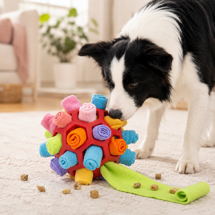Hunde Schnüffelball mit Riemen aus Fleece für interaktive Leckerlisuche, Zerrspiel & Nasenarbeit.