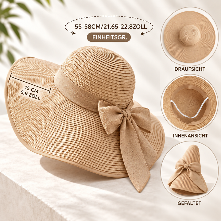 Infografik mit Massangaben und Ansichten des Sommer Strohhuts für Damen