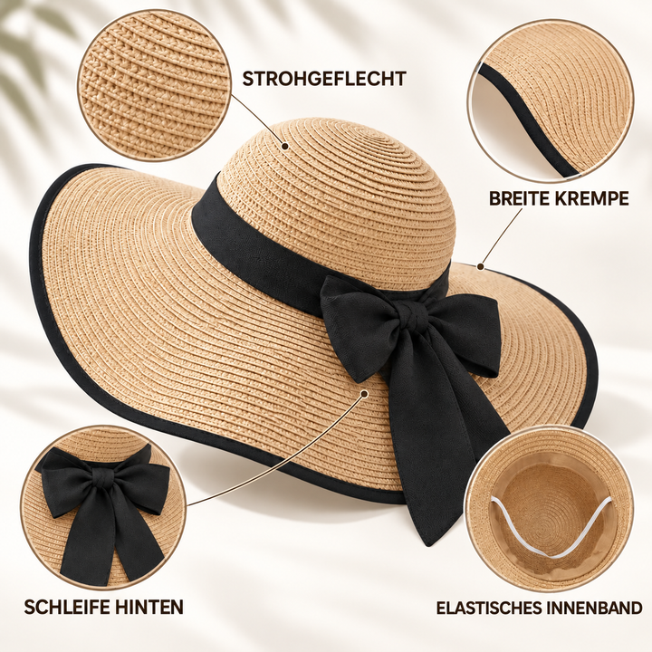 Schwarzer Sonnenhut für Damen mit dekorativer Schleife, ideal für den Strand