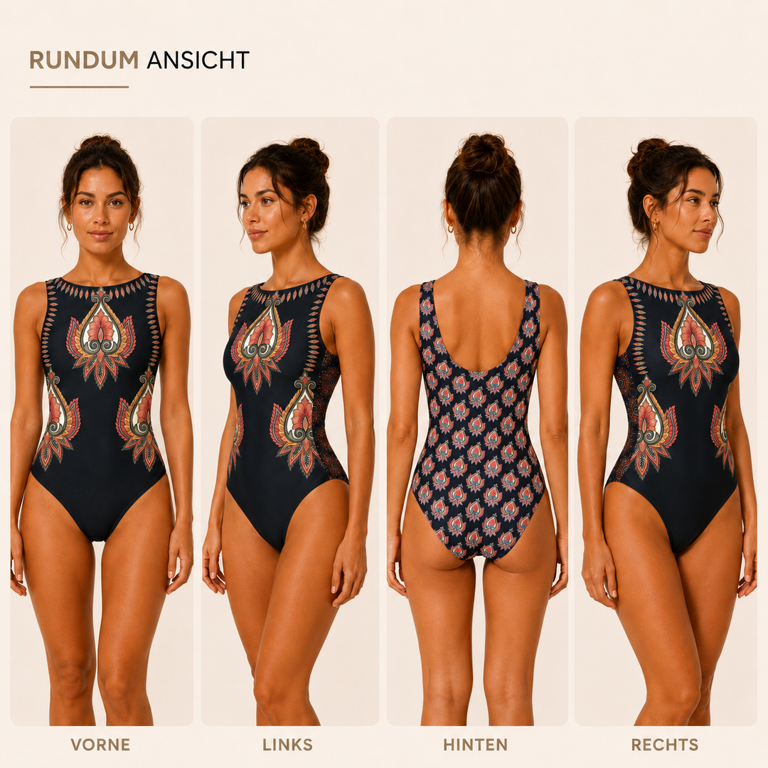 Moderne Bademode für Frauen: Einteiler mit auffälligem Floral-Print am Meer.