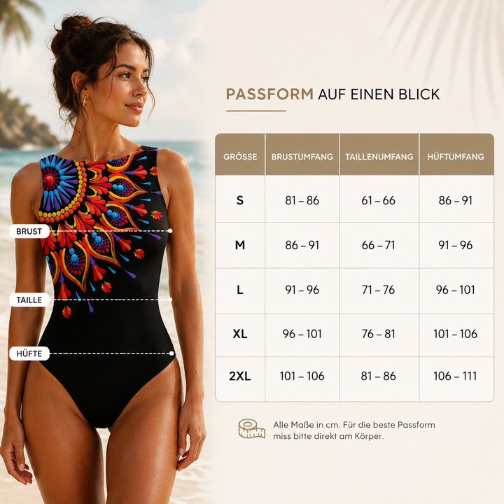 Detailansicht des lebendigen Designs "Vibrant Mandala" auf einem Damen-Badeanzug.