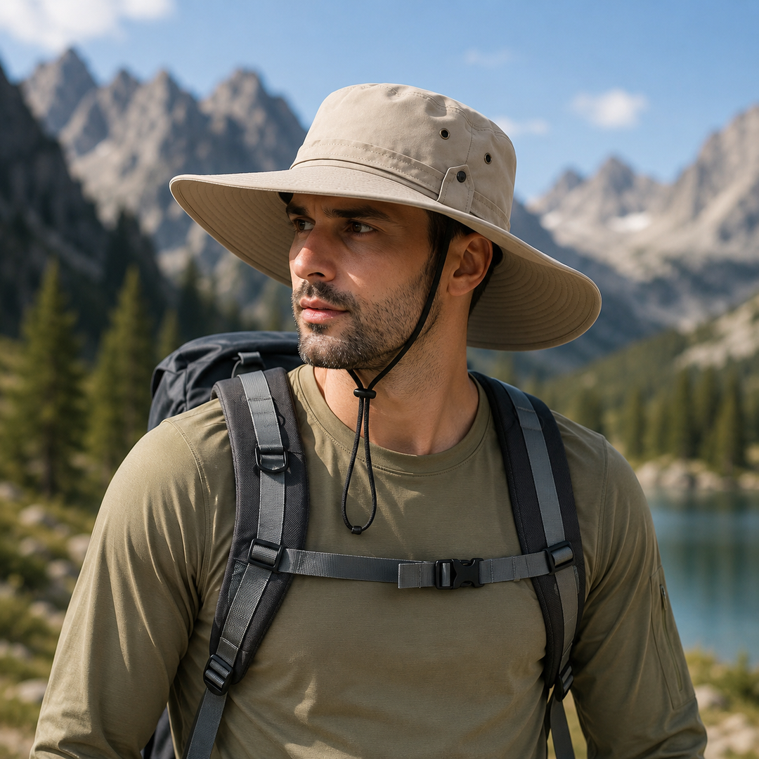 Ein Mann mit Rucksack trägt den beigen Sonnenhut in einer Berglandschaft