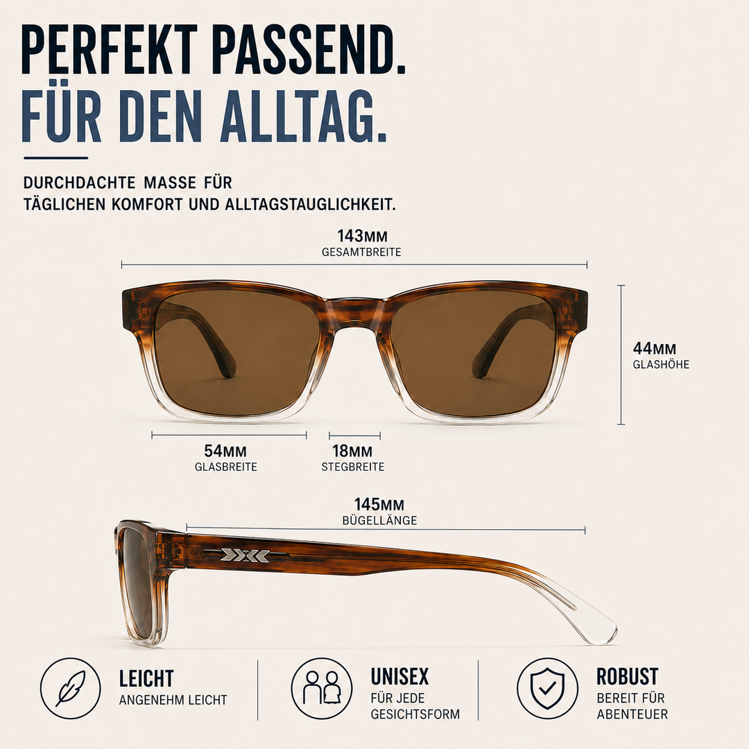 Infografik mit den genauen Maßen und Eigenschaften der Sonnenbrille