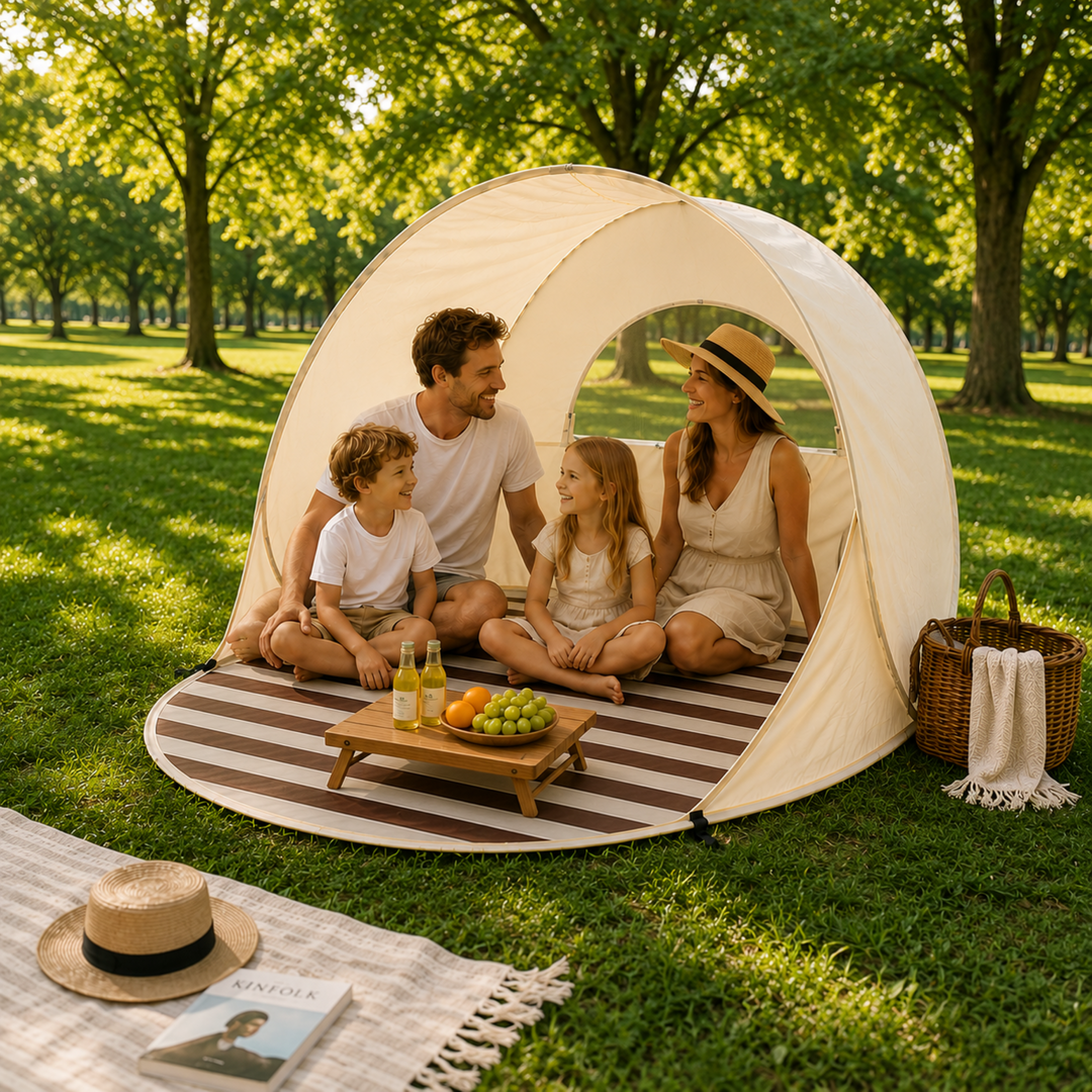 Wetterfeste Pop-Up Strandmuschel für 3-4 Personen, Schutz vor Sonne und Wind.