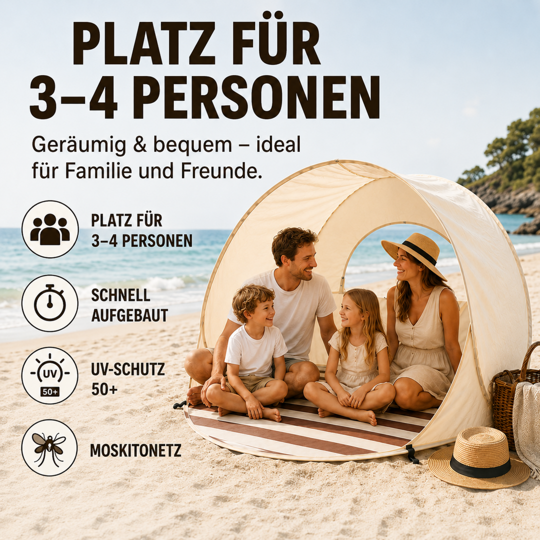 Familien Pop-Up Strandmuschel für 3-4 Personen, einfacher Aufbau, UV-Schutz am Meer.