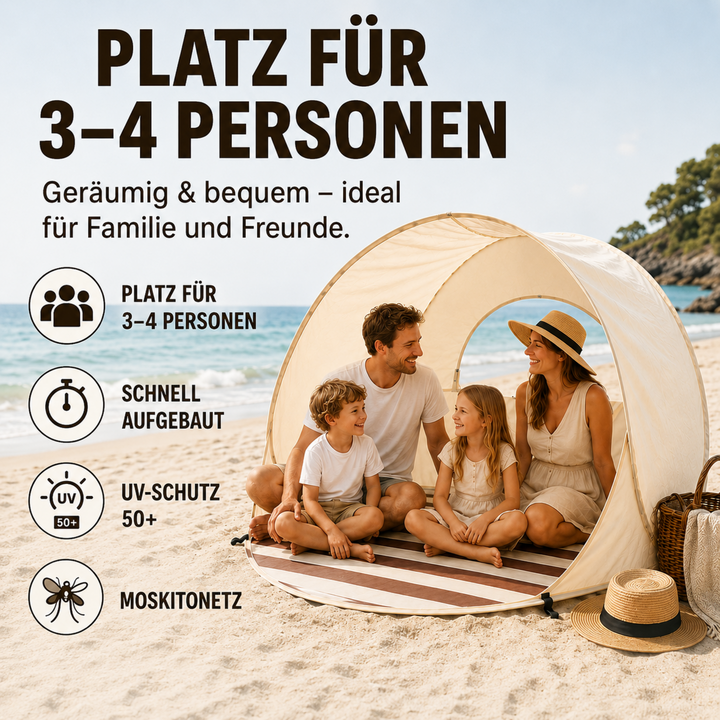 Familien Pop-Up Strandmuschel für 3-4 Personen, einfacher Aufbau, UV-Schutz am Meer.