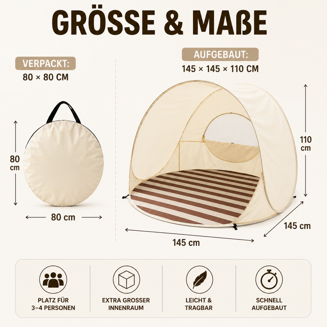 Komfortable Pop-Up Strandmuschel für 3-4 Personen, optimaler Sonnenschutz beim Camping.