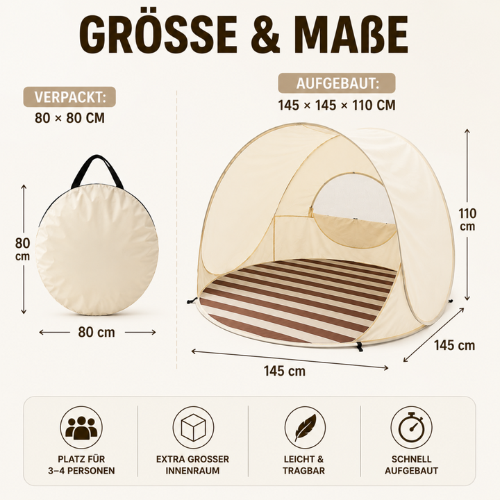 Komfortable Pop-Up Strandmuschel für 3-4 Personen, optimaler Sonnenschutz beim Camping.