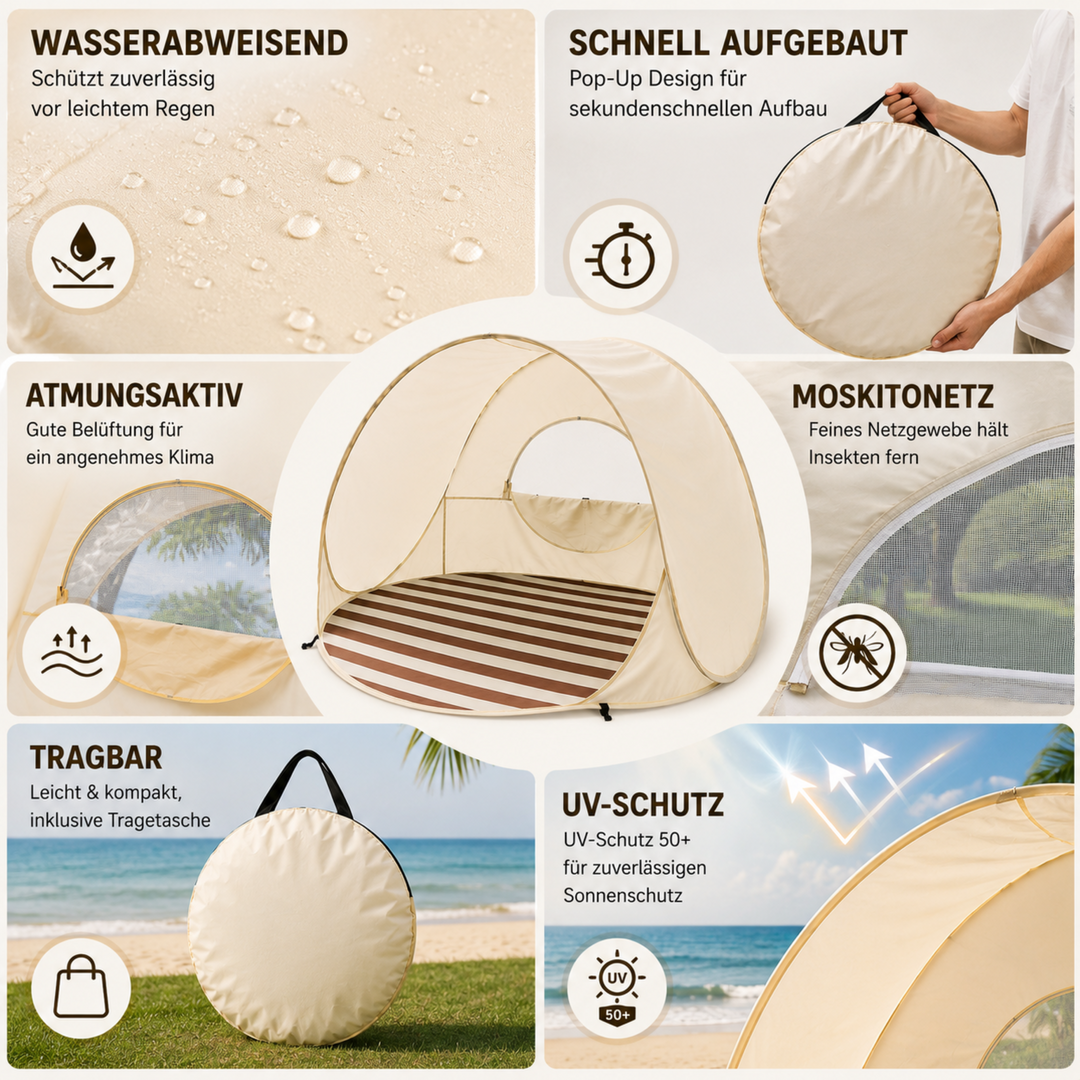 Kompakte Pop-Up Strandmuschel für 3-4 Personen, vielseitiger Wind- & Sonnenschutz im Park.