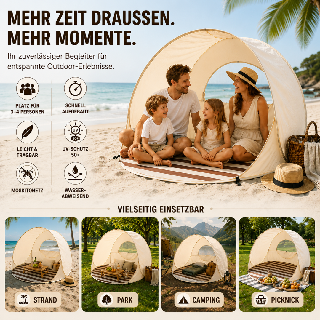 Schnell aufzubauende Pop-Up Strandmuschel für 3-4 Personen, UV-Schutz für Strandtage.