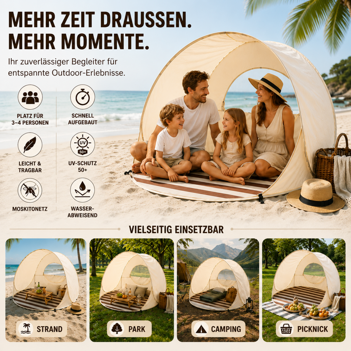 Schnell aufzubauende Pop-Up Strandmuschel für 3-4 Personen, UV-Schutz für Strandtage.