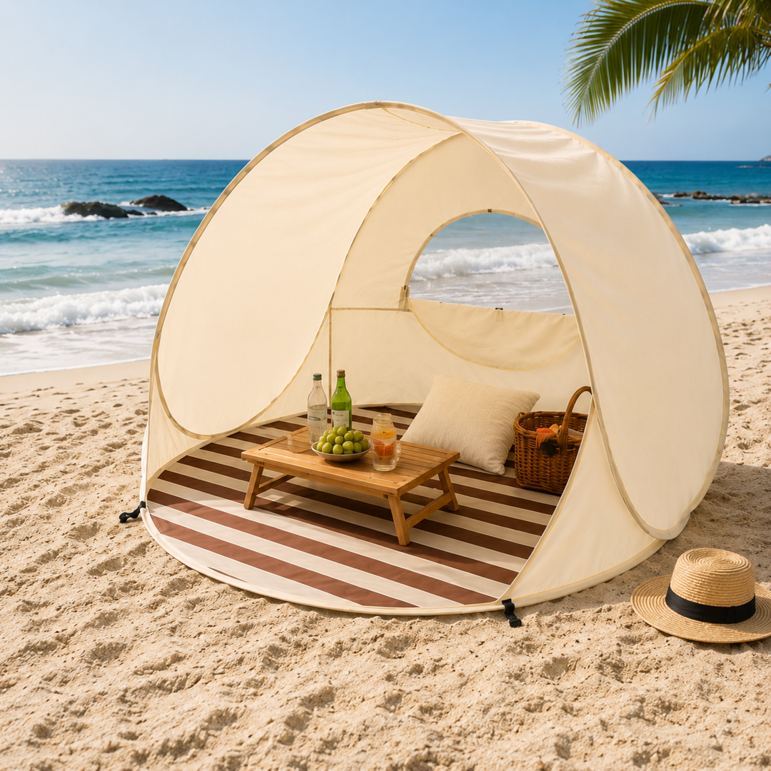 Pop-Up Strandmuschel für 3-4 Personen, schneller Sonnenschutz für Familie am Strand.