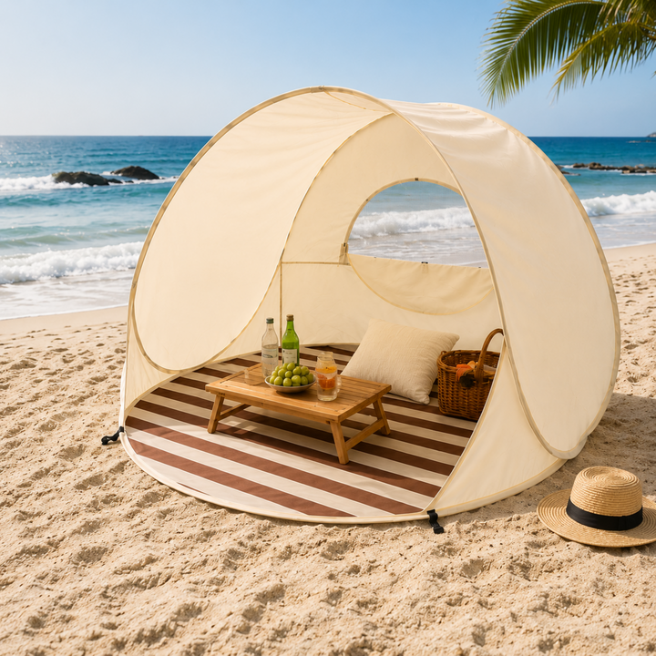 Pop-Up Strandmuschel für 3-4 Personen, schneller Sonnenschutz für Familie am Strand.