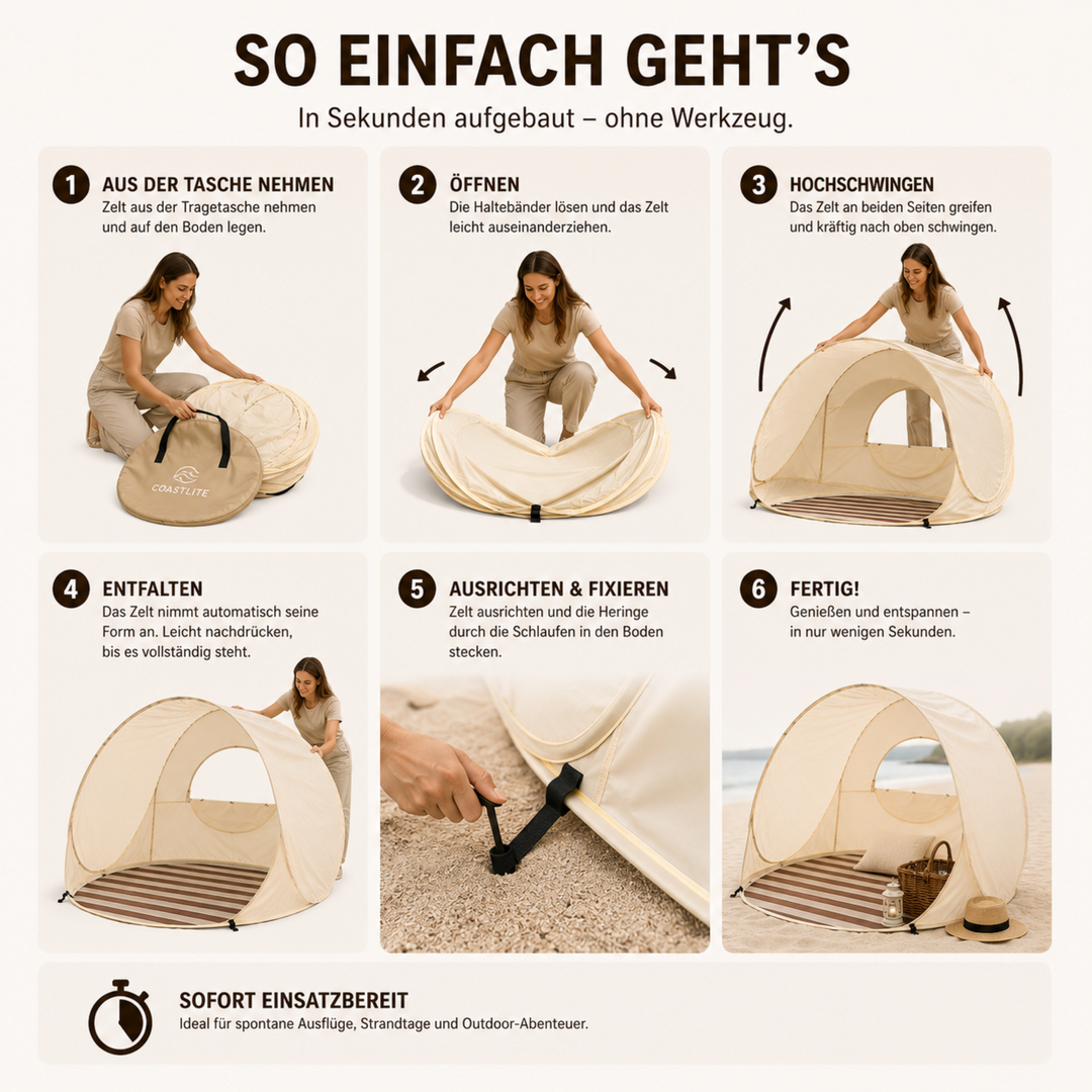 Pop-Up Strandmuschel für 3-4 Erwachsene/Kinder, zuverlässiger UV-Schutz am Strand.