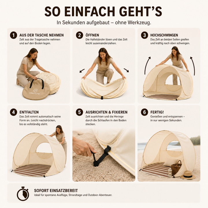Pop-Up Strandmuschel für 3-4 Erwachsene/Kinder, zuverlässiger UV-Schutz am Strand.