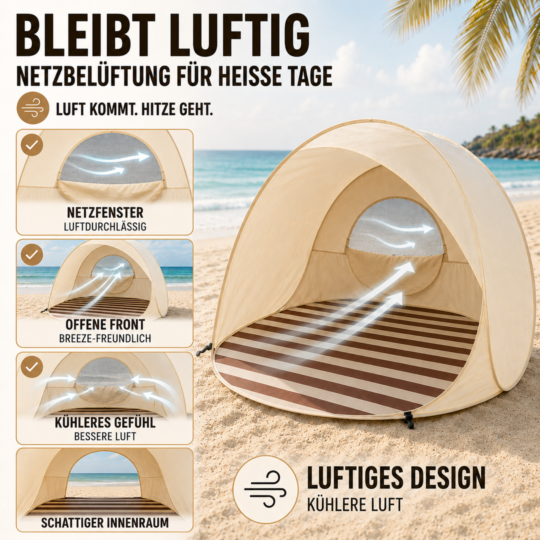 Robuste Pop-Up Strandmuschel, sicherer Wind- und Sonnenschutz für 3-4 Personen am Strand.