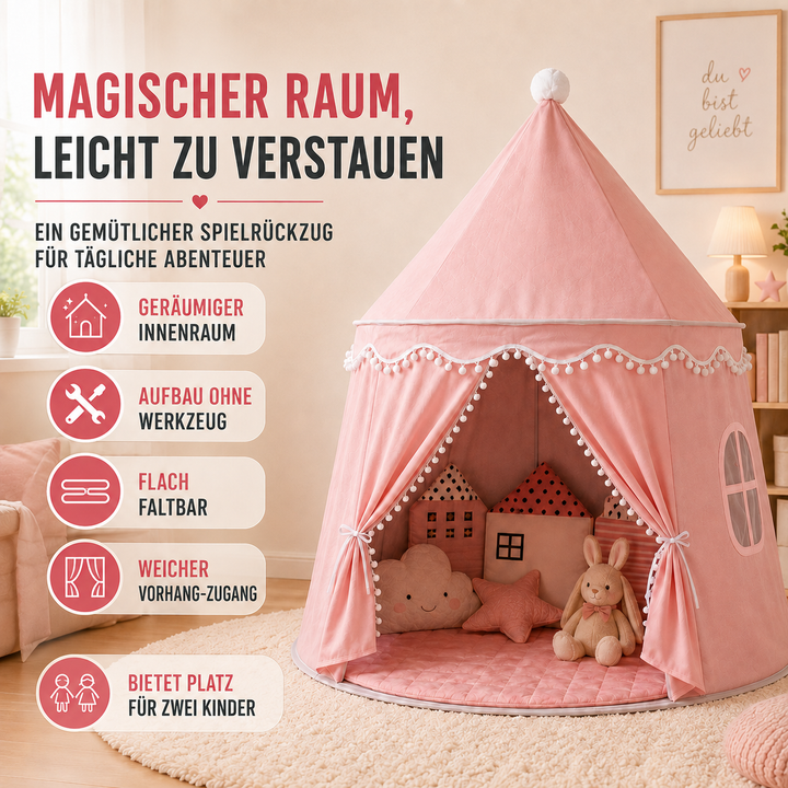 Grafik und Produktfoto des rosafarbenen Spiel-Tipis mit integrierten Produktmerkmalen