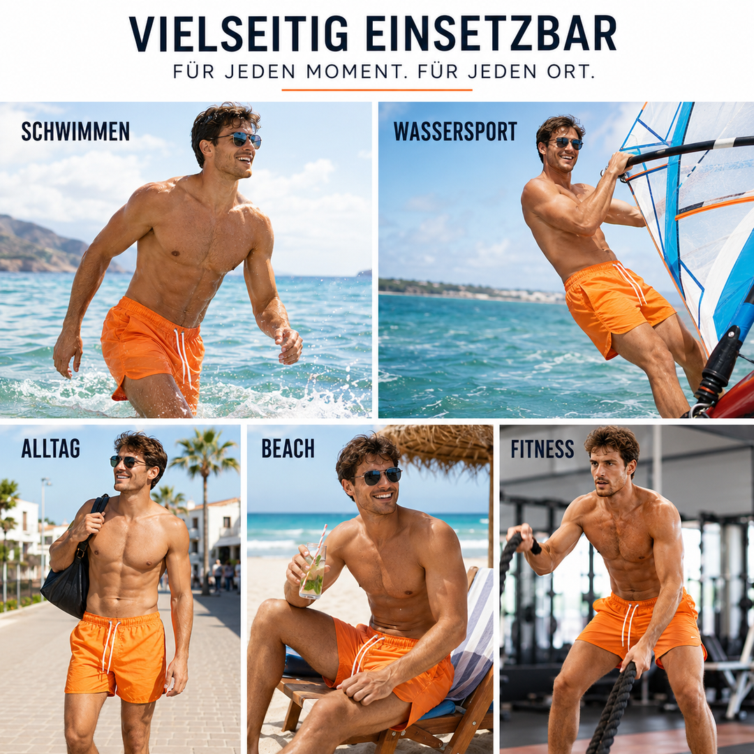 Herren Badeshorts Tidewell, Tiefbund, kurze Passform, bietet viel Bewegungsfreiheit beim Schwimmen und Sport.