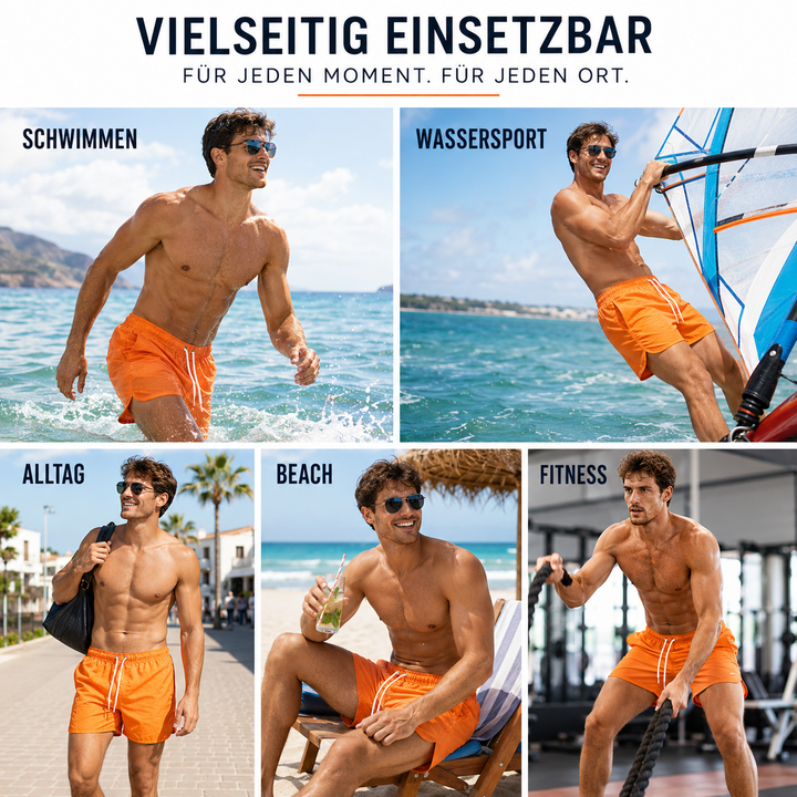 Herren Badeshorts Tidewell, Tiefbund, kurze Passform, bietet viel Bewegungsfreiheit beim Schwimmen und Sport.