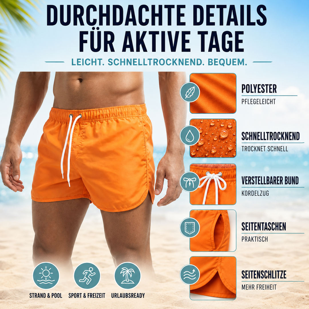 Modische Tidewell Herren Badeshorts, Tiefbund, kurze Länge, ideal für Wassersport und entspannte Strandzeit.