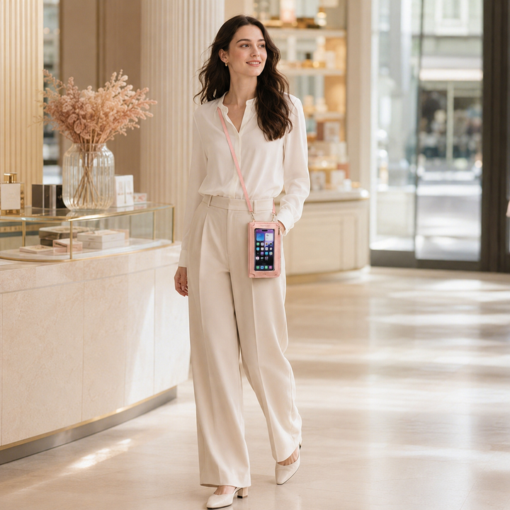 Elegante Damen Crossbody-Tasche mit Smartphone-Fach, perfekt kombiniert mit einem Freizeit-Outfit.