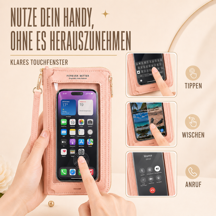 Smartphone sicher verstaut und bedienbar durch Touch-Fenster der Tasche