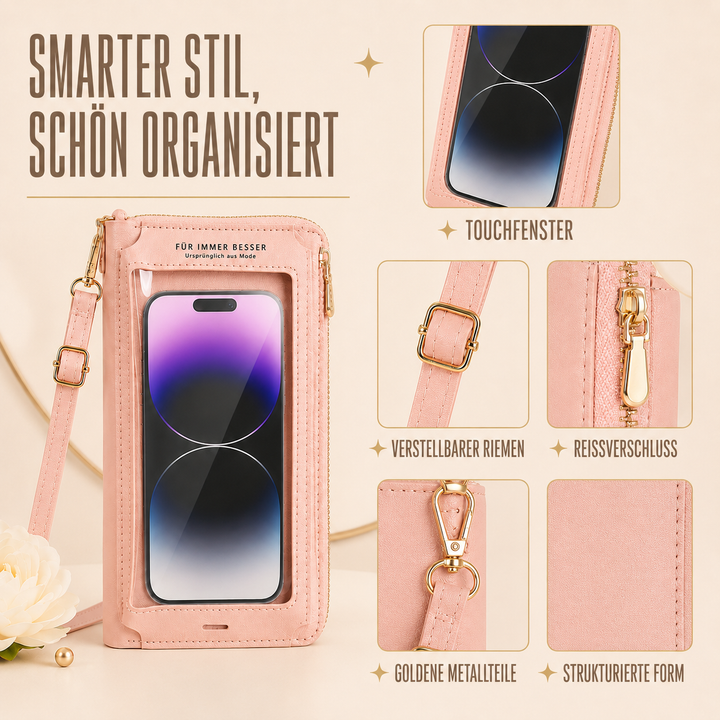 Detailansicht der rosa Touchscreen Umhängetasche mit Fokus auf Touchfenster, Gurt, Reißverschluss und goldene Metallteile