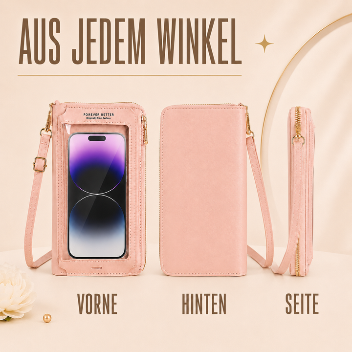 Vorderansicht, Rückansicht und Seitenansicht der rosa Touchscreen Umhängetasche mit Smartphone