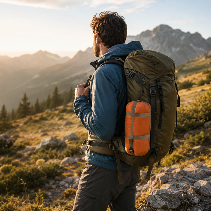 Komplettes Outdoor-Set mit Schlafsack, Isomatte und Trekking-Rucksack