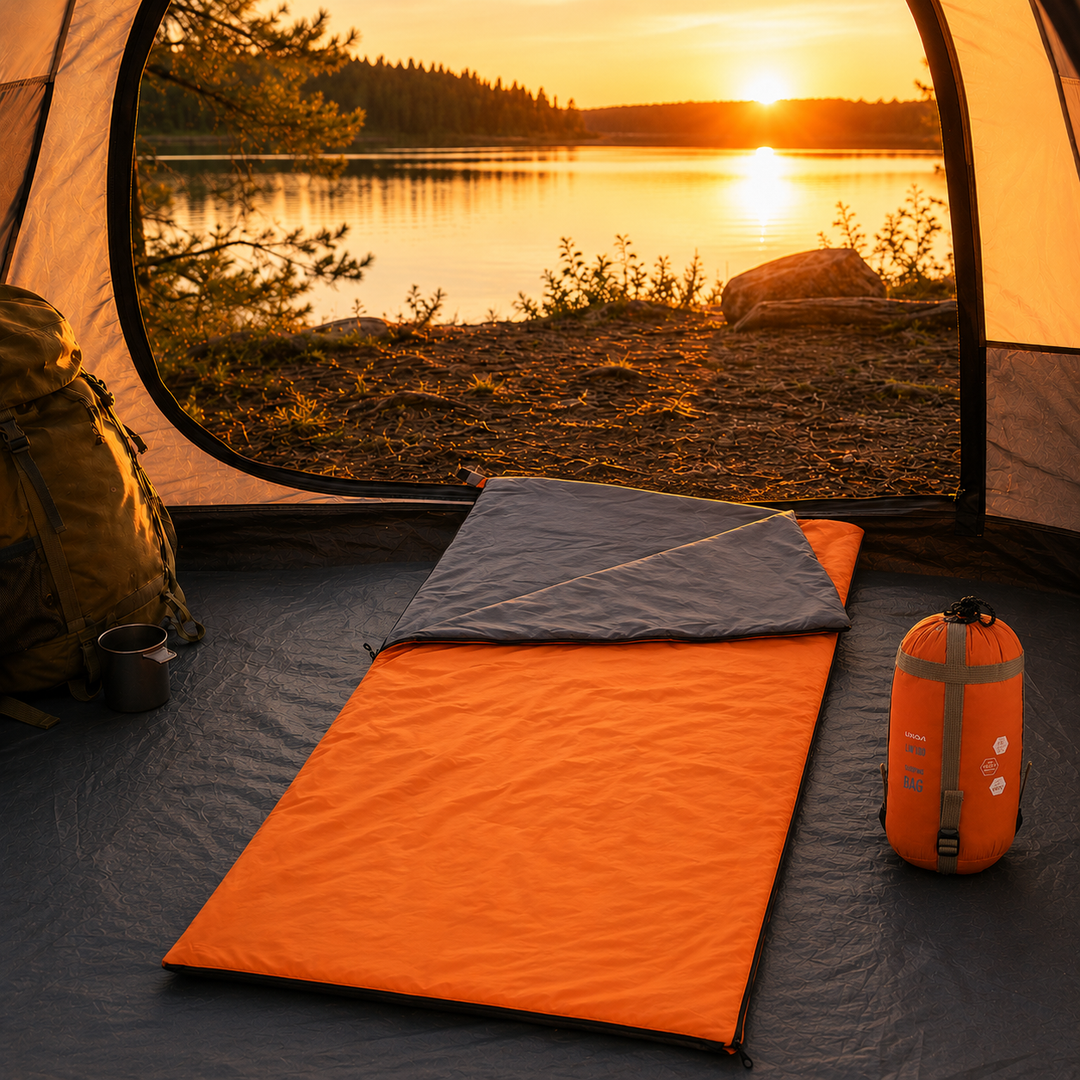 Farbenfroher Umschlag-Schlafsack bereit für den nächsten Campingurlaub