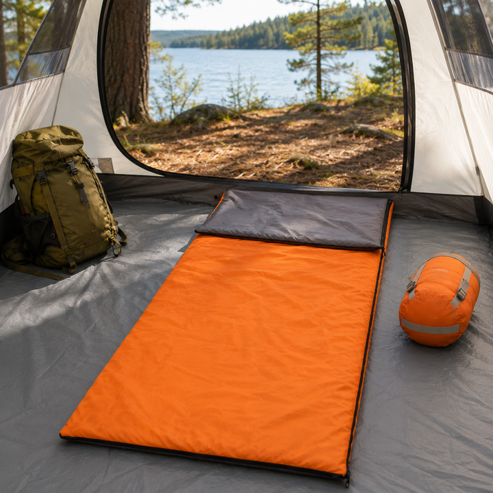 Orangefarbener Umschlag-Schlafsack ausgebreitet in einem Zelt mit Blick auf einen See