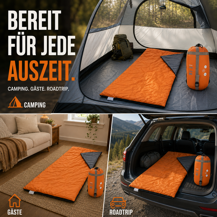 Reisender nutzt ultraleichten Umschlag-Schlafsack im Outdoor-Lager