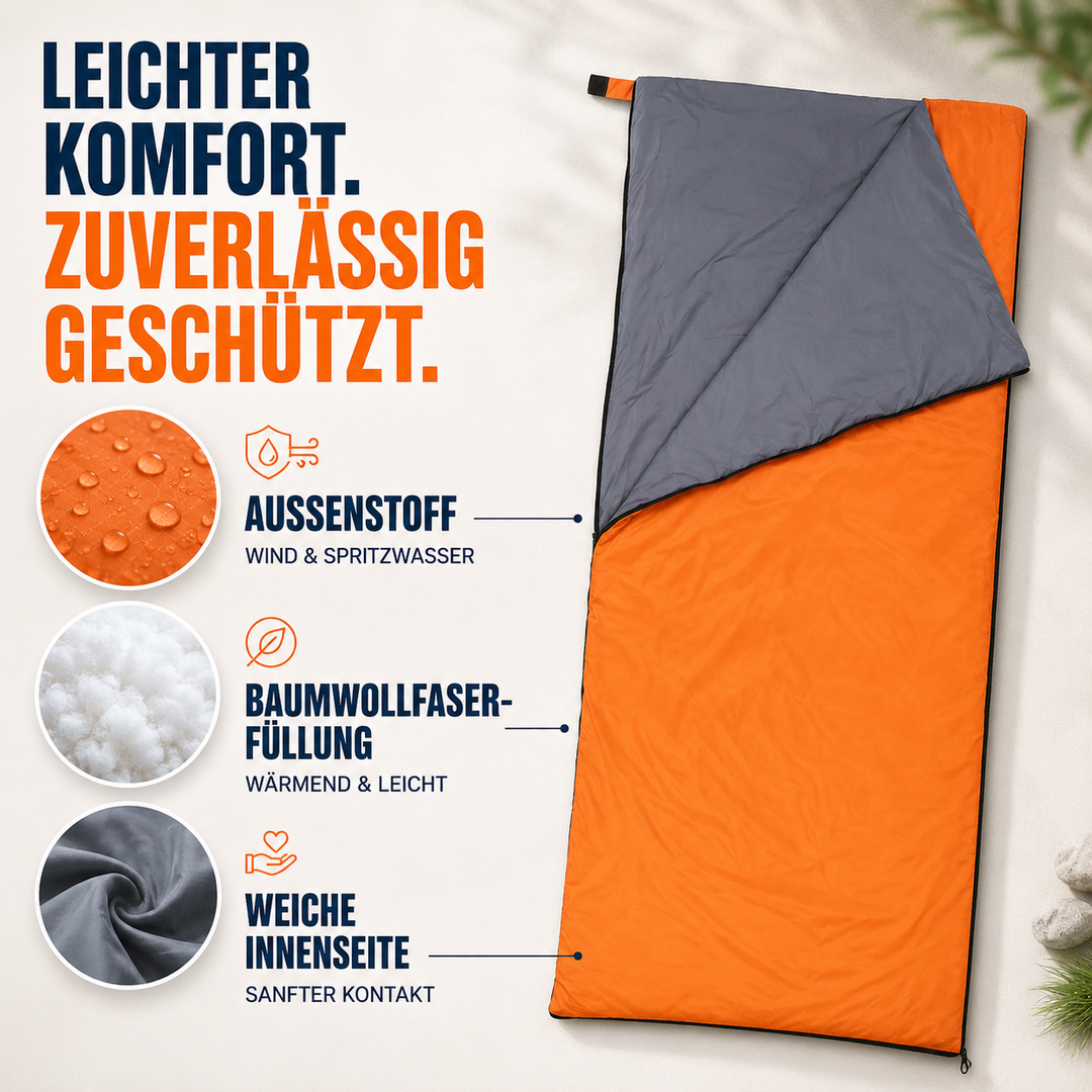 Ultraleichter Umschlag-Schlafsack für Camping in kompakter Transporttasche