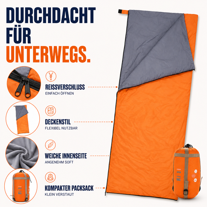 Grafische Übersicht der Produktmerkmale eines orangen Schlafsacks mit Reißverschluss
