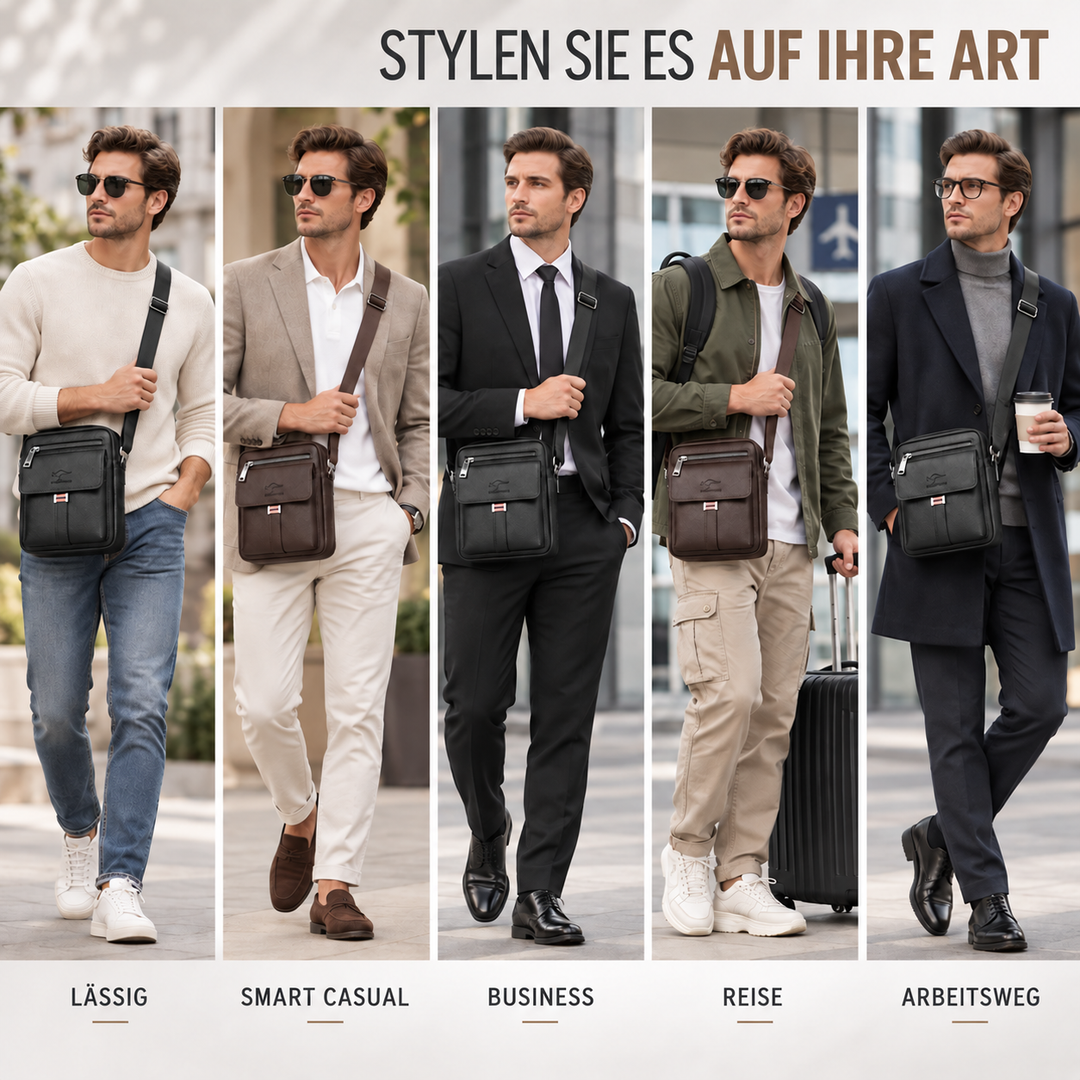 Schultertasche für Herren im urbanen Freizeit-Look getragen