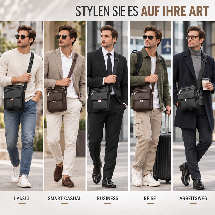 Schultertasche für Herren im urbanen Freizeit-Look getragen