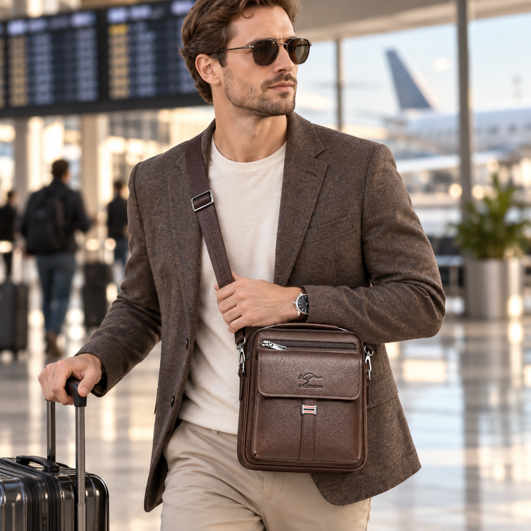 Vollständige Ansicht der braunen Herrentasche mit allen Details