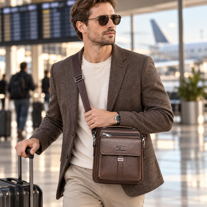 Vollständige Ansicht der braunen Herrentasche mit allen Details