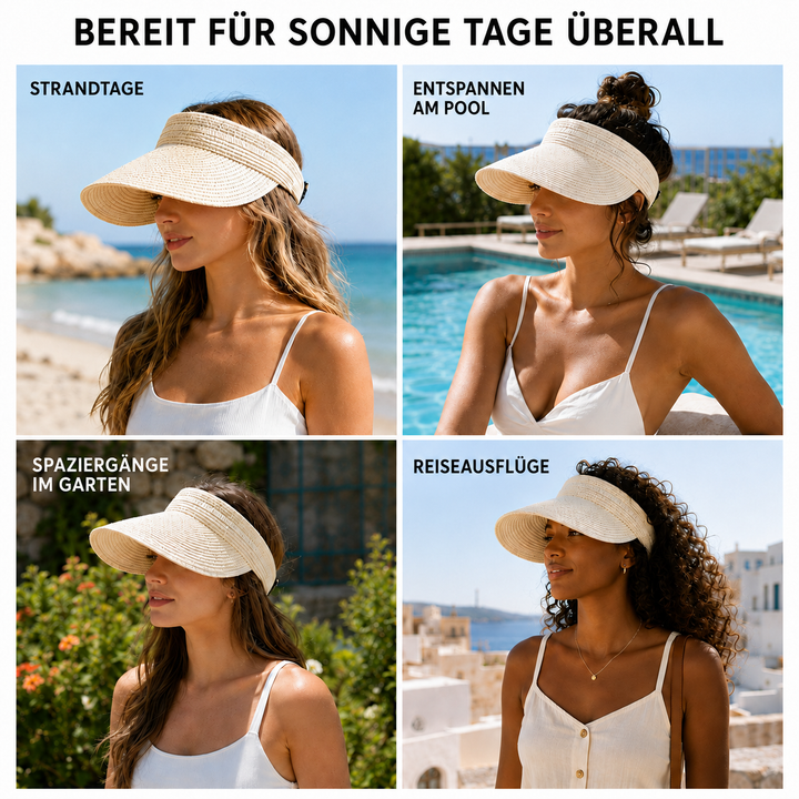 Frau trägt den Vandra Visor in Weiß am Strand, schützt vor Sonne.